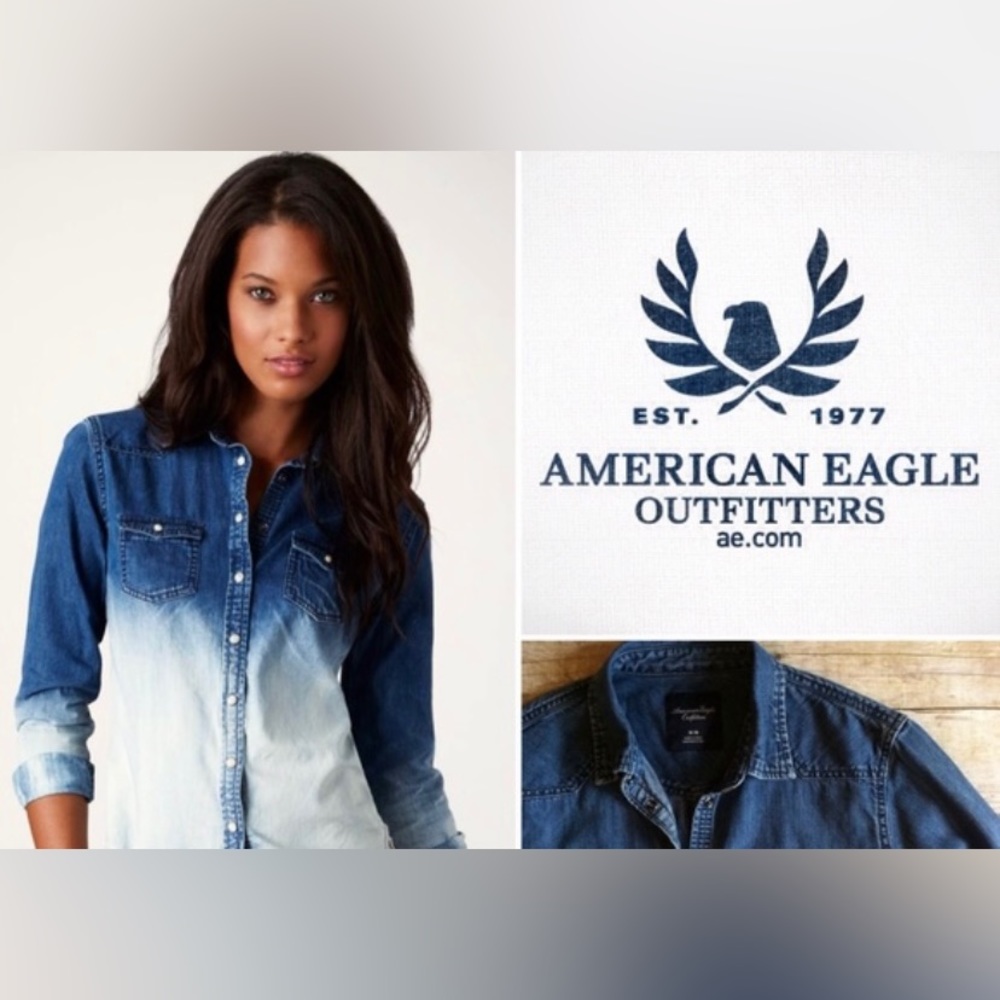 Denim Shirt Patriotic Jean shirt Ombré shirt Pearl like snap Dip-dyed shirt